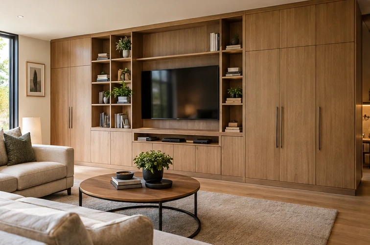 Imagen conceptual de muebles de madera a medida en sala de estar