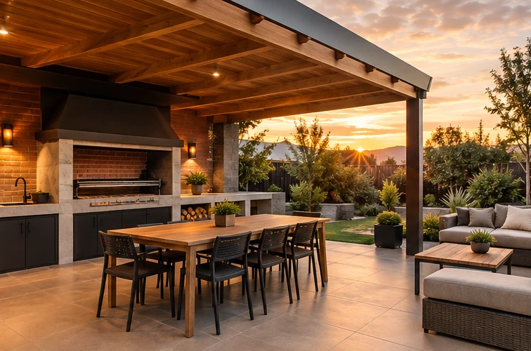 Imagen conceptual de quincho techado con parrilla y comedor exterior