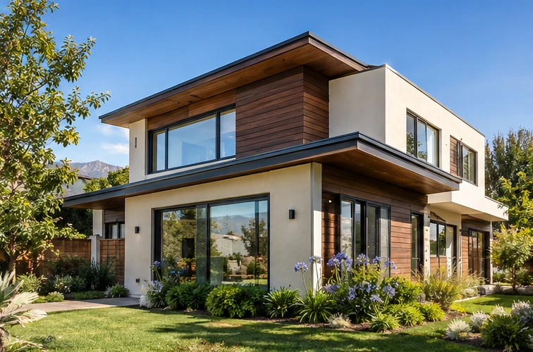 Imagen conceptual de vivienda contemporánea de dos pisos con jardines