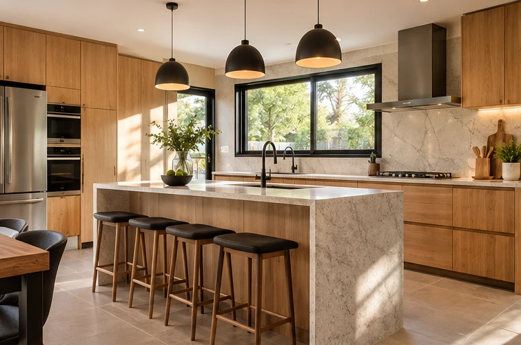 Imagen conceptual de cocina contemporánea con mobiliario de madera e isla