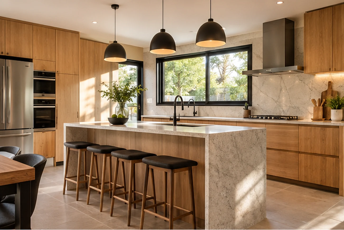 Imagen conceptual de cocina remodelada con isla y mobiliario de madera